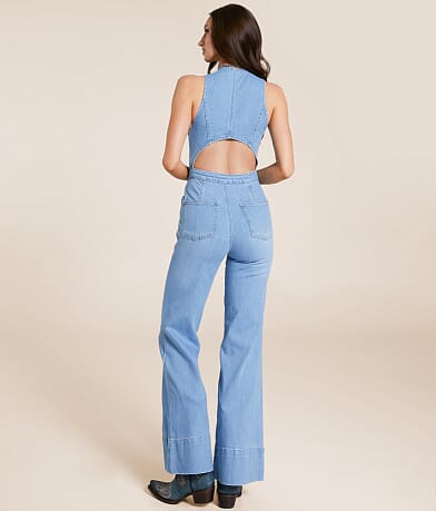 Free People Stratus Wide Leg Denim Jumpsuit back view