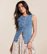 ChiyeeKiss Women's Distressed Ruffled Sleeveless Denim Vest