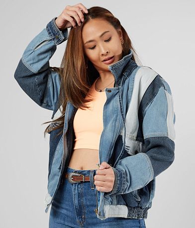 Free People Panel Denim Bomber Jacket full right side view