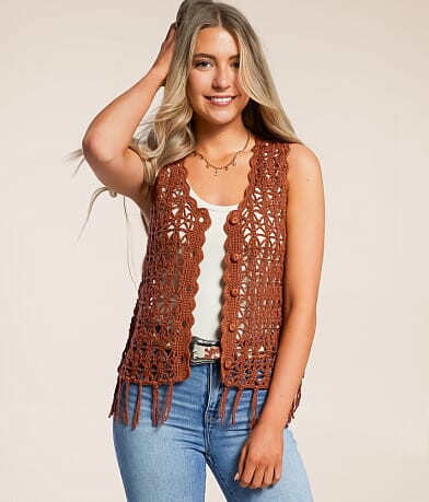 Daytrip Crochet Fringe Sweater Tank Top front view
