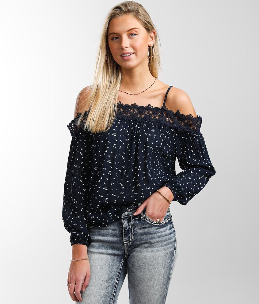 Daytrip Floral Cold Shoulder Top - Women's Shirts/Blouses in Navy