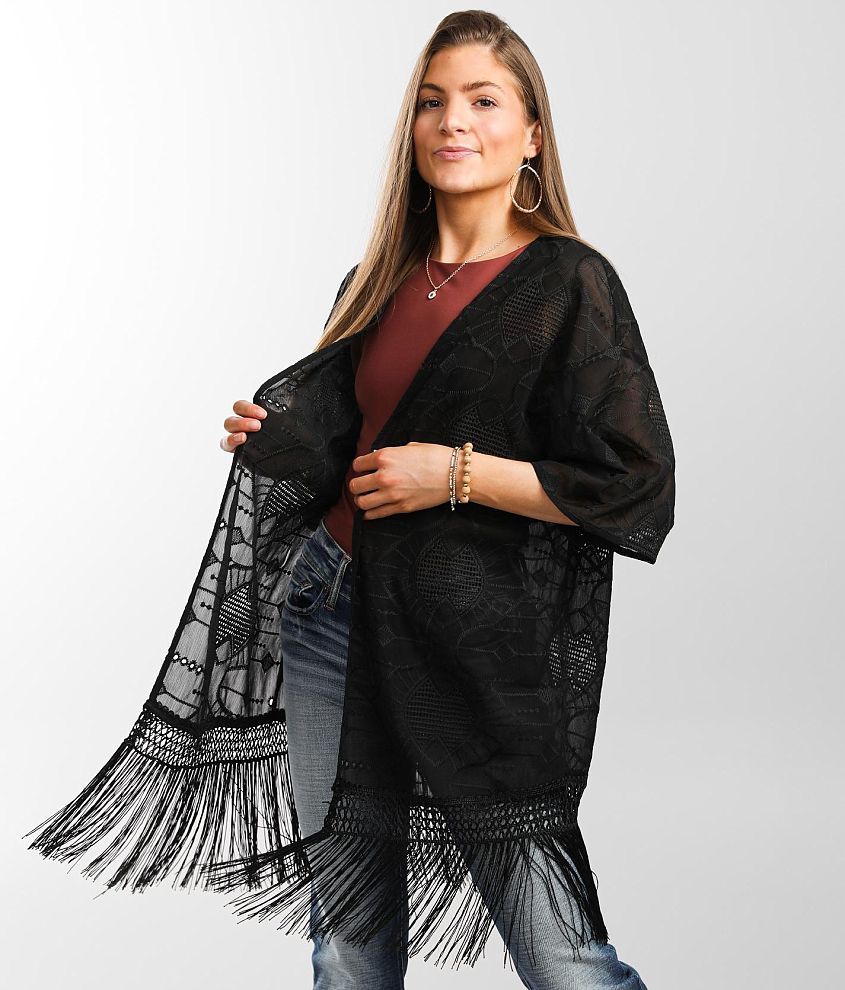 Daytrip Eyelet Crochet Fringe Kimono front view