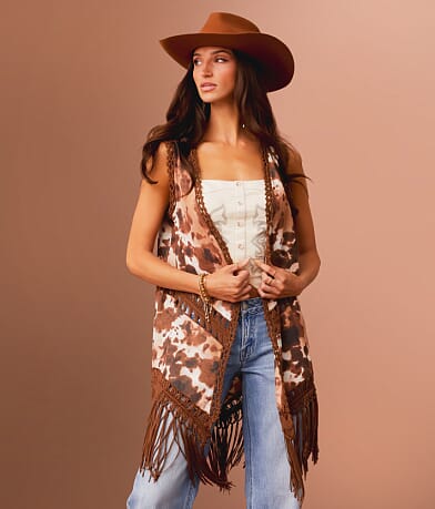 Sterling & Stitch Cow Print Fringe Vest front view