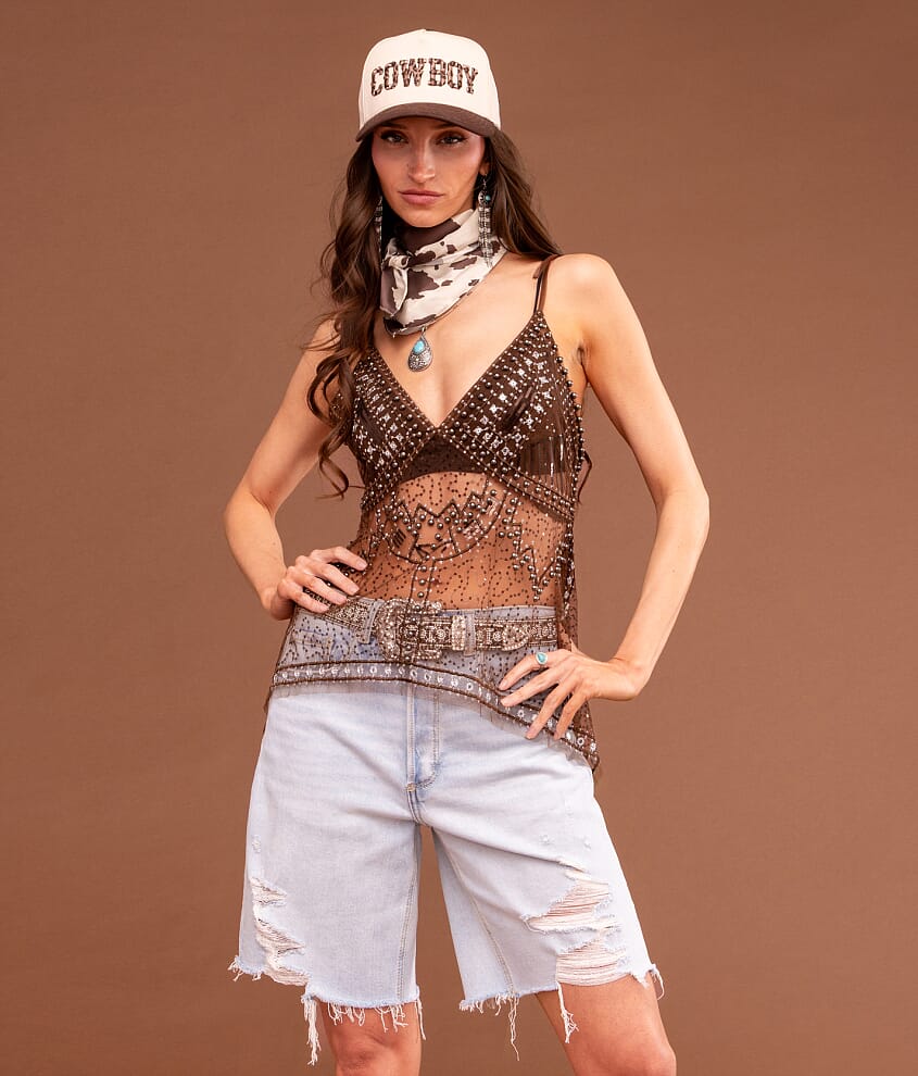 Embroidered Sequin Mesh Tank Top