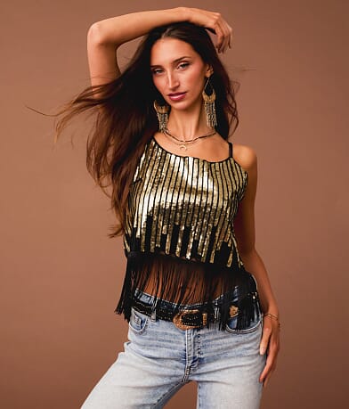 Sterling & Stitch Sequin Fringe Cropped Tank Top front view