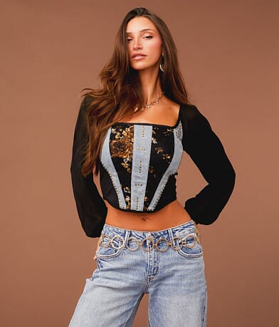 Sterling & Stitch Pieced Denim Corset Cropped Top front view