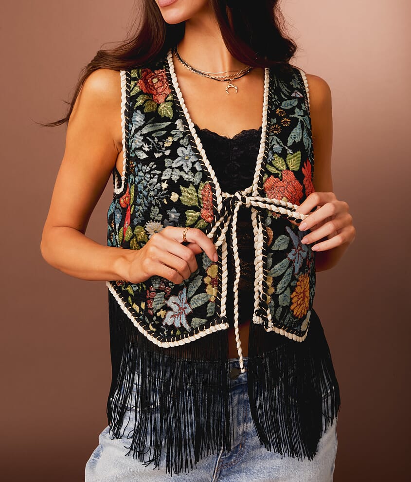 Metallic Floral Jacquard Fringe Vest