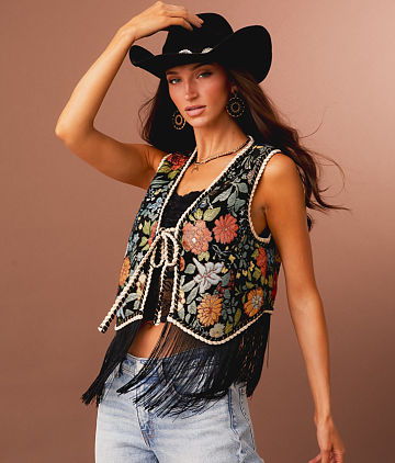 Metallic Floral Jacquard Fringe Vest
