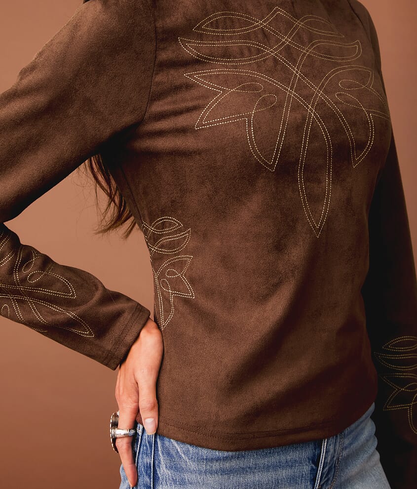Embroidered Faux Suede Top