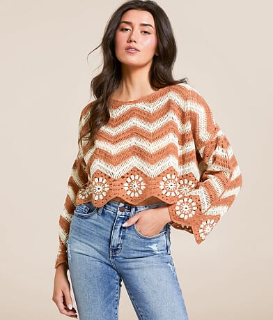 New In Striped Crochet Cropped Sweater front view