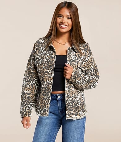 Veveret Cheetah Print Denim Stretch Jacket front view