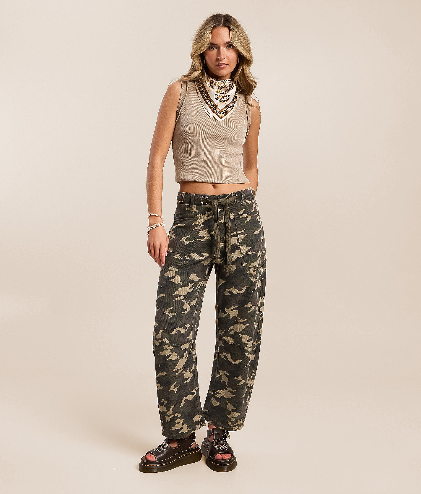 High Rise Camo Barrel Jean