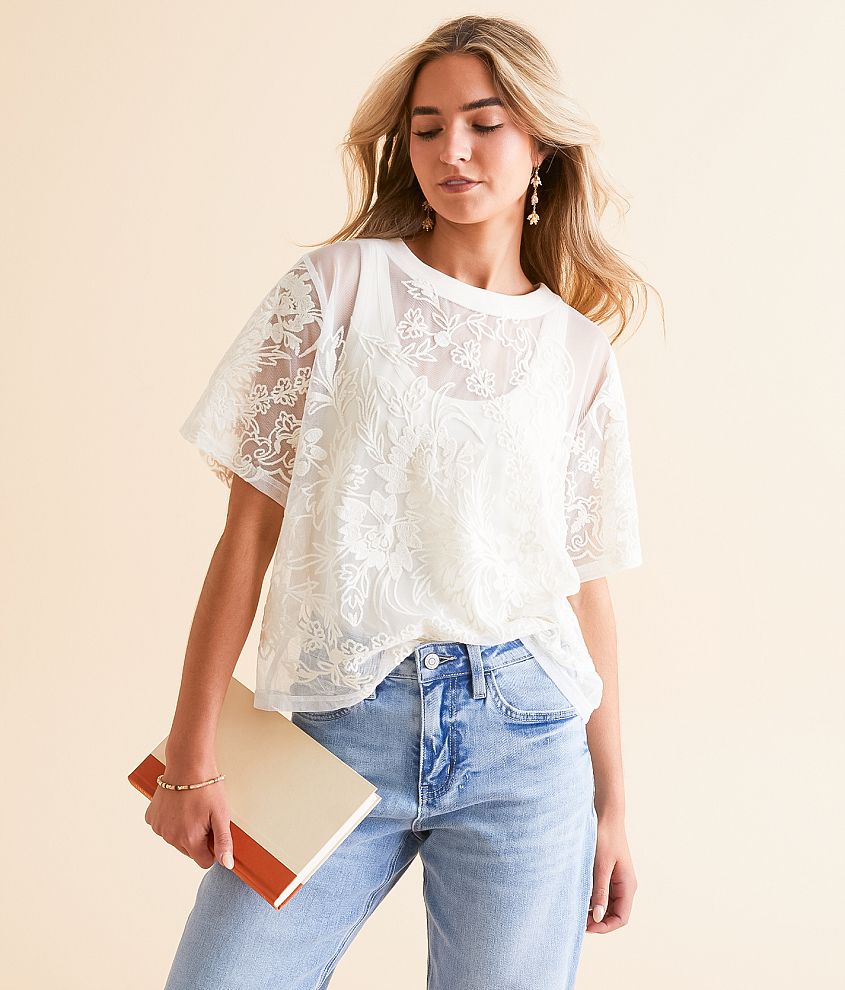 Veveret Embroidered Floral Mesh Top front view