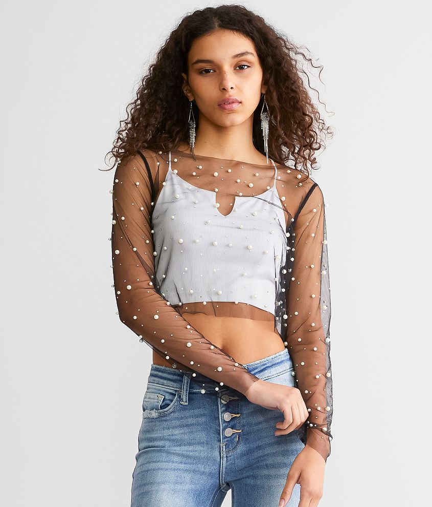 IT Girl Season Black Sequin Pearl Mesh Top