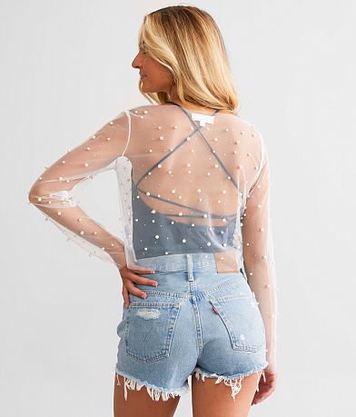 Veveret Faux Pearl & Rhinestone Mesh Cropped Top - Women's Shirts ...