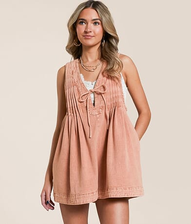 Veveret Front Tie Denim Romper front view