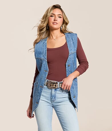Veveret Rhinestone Oversized Denim Vest front view