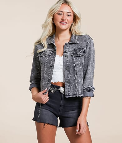 Veveret Cropped Rhinestone Denim Jacket front view