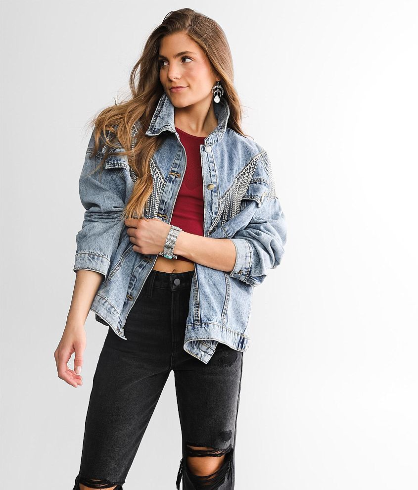 Womens denim jacket with on sale rhinestones