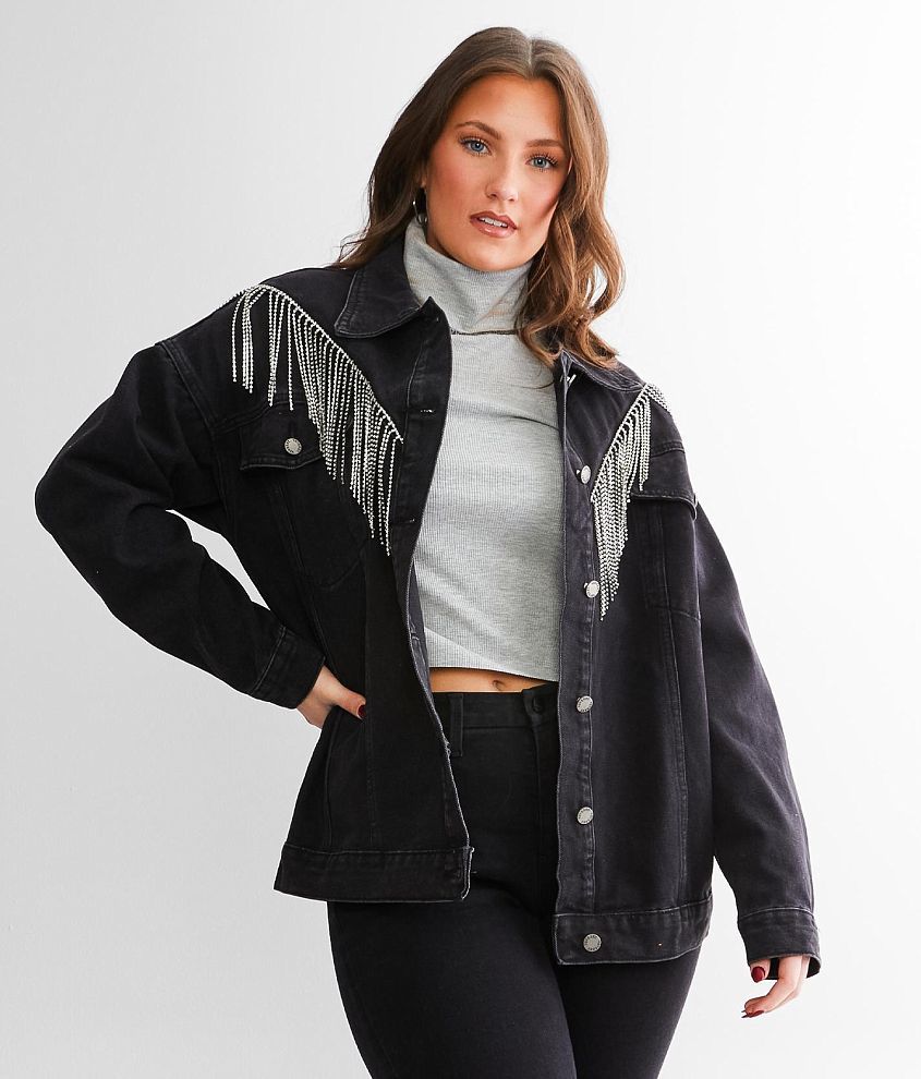 Black denim outlet jacket with fringe