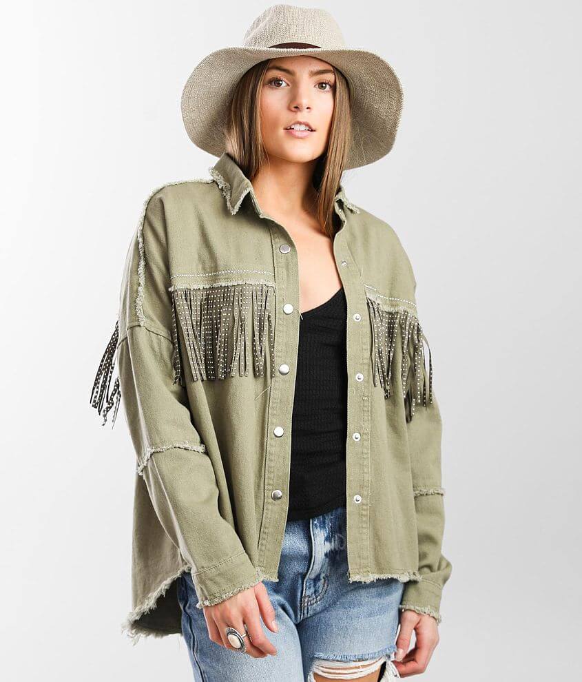 Veveret Studded Fringe Jacket Women's Coats/Jackets in Olive Buckle