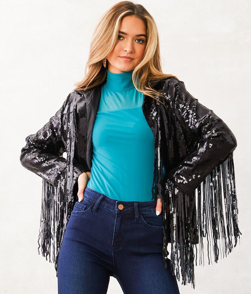 Black sequin sale fringe jacket