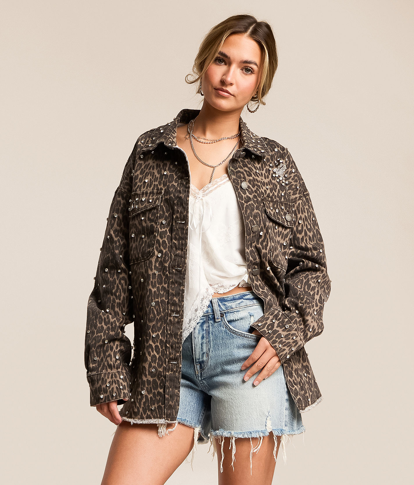 Veveret Cheetah Glitz Denim Stretch Jacket - Women's Coats