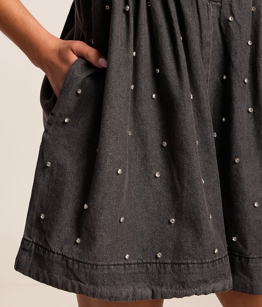 Rhinestone Front Tie Denim Romper