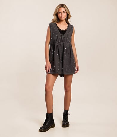 Rhinestone Front Tie Denim Romper