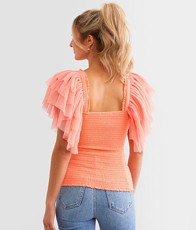 Veveret Exaggerated Mesh Ruffle Sleeve Top BACK