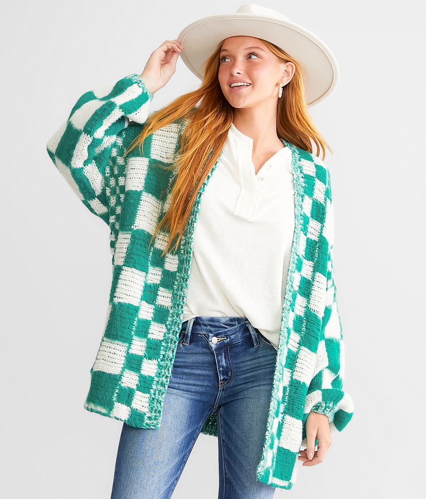 Baevely Oversized Checker Cardigan Sweater - Women's Sweaters in Teal Green