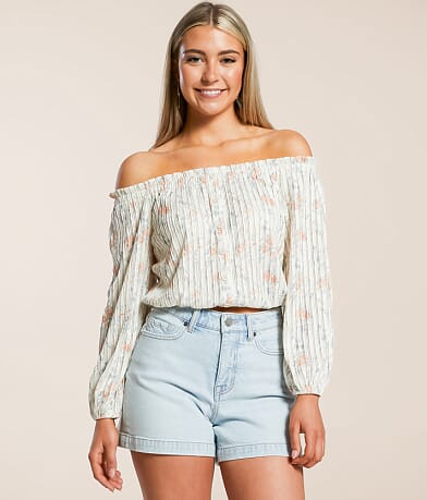 Willow & Root Floral Ruffle Off The Shoulder Top front view