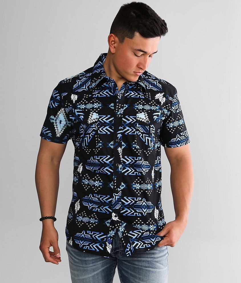 Blue Printed Short Sleeves Denim Shirt|296667801