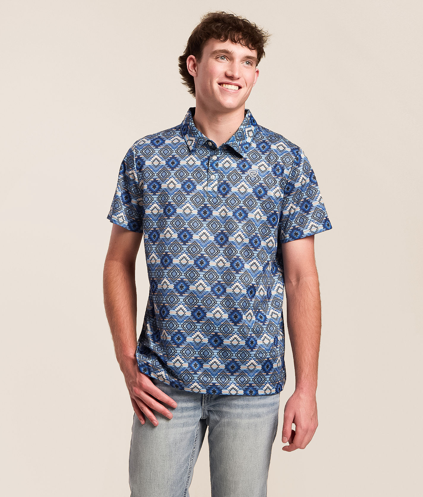 Hooey x Rock & Roll Denim Aztec Stretch Polo - Men's Polos in Blue