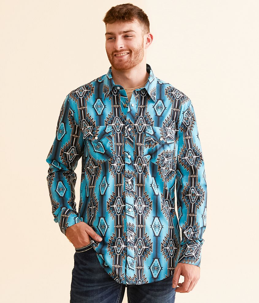 Rock &#38; Roll Denim Aztec Stretch Shirt front view