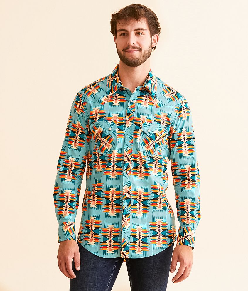 Rock &#38; Roll Denim Aztec Print Stretch Shirt front view