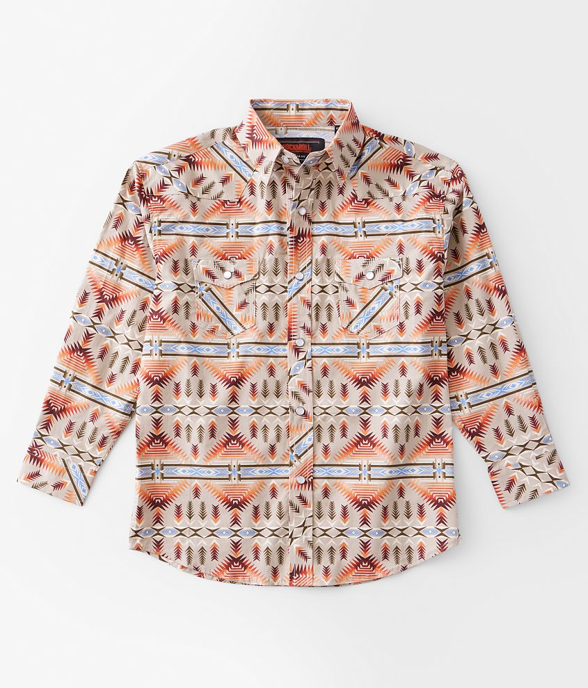 Rock & Roll Denim Multi Aztec Long Sleeve Snap Shirt in Orange | Size Medium