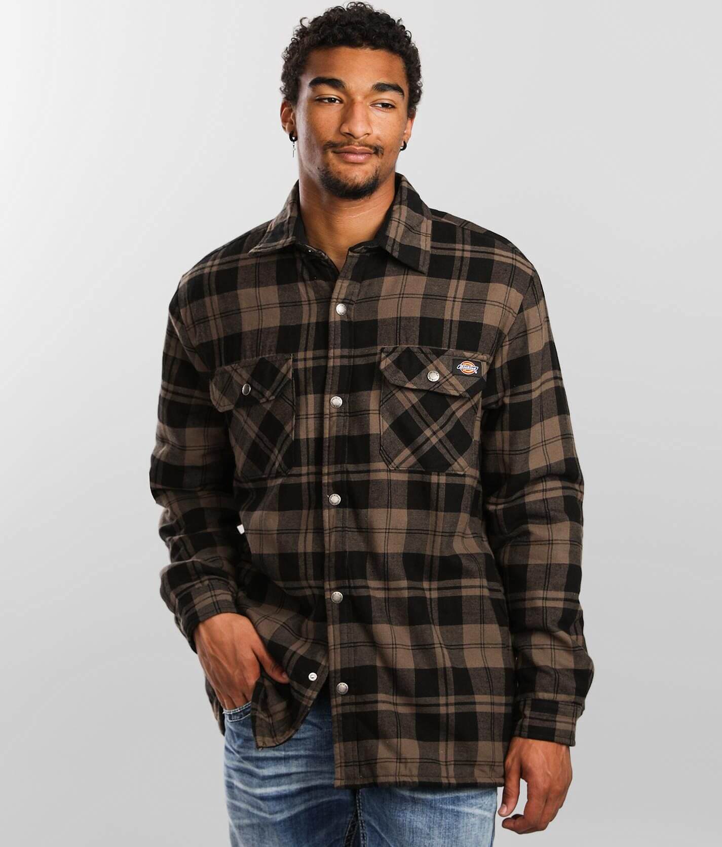 Dickies Flannel Plaid Shacket Men s Coats Jackets in Mushroom Plaid Buckle