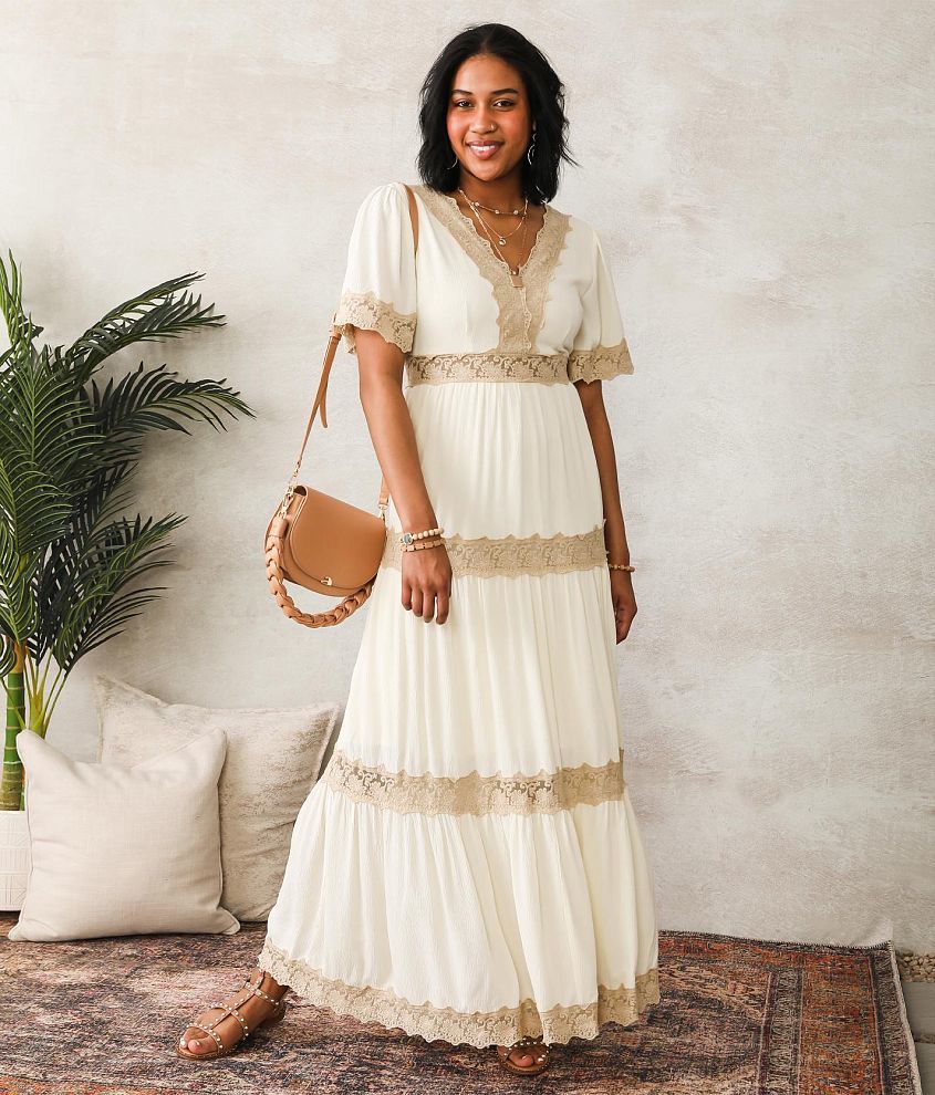 Wishlist Apparel Lace Trim Tiered Maxi Dress - Women's Dresses in Cream