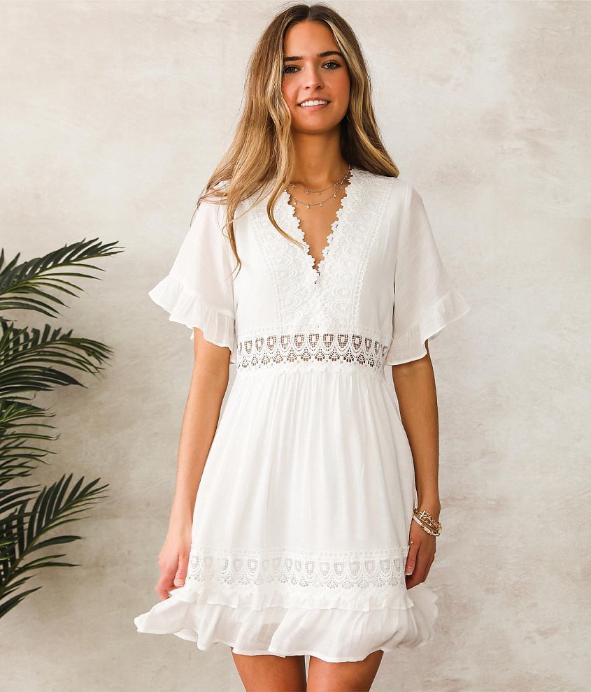 NWT Lucky Brand Plus Linen Sleeveless V-neck Tiered Crochet Trim Mini Dress