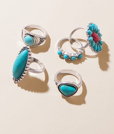 Sterling & Stitch 5 Pack Turquoise Western Ring Set front view