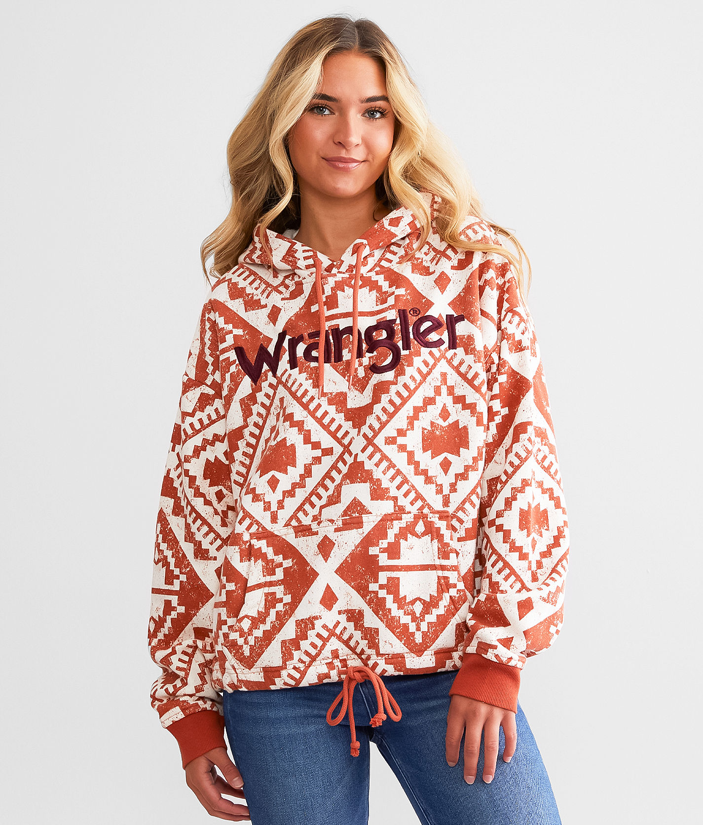 Women's Wrangler Retro® Southwestern Full Zip Hooded Sweater in Burgundy