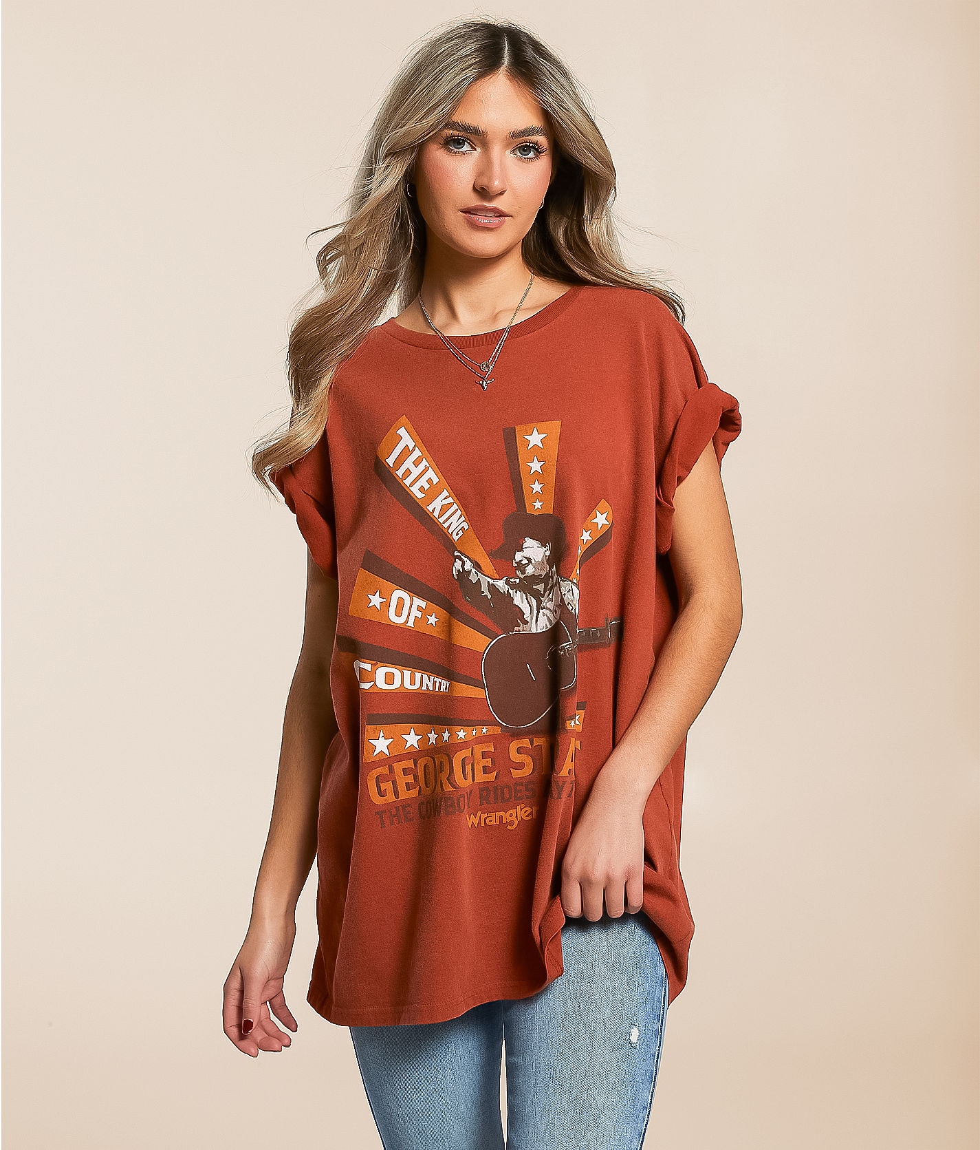tシャツ belt design sholder damege tops レディース メンズ Wrangler® George Strait Oversized Band T-Shirt - Women's T