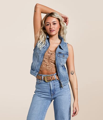 Wrangler® Zip Down Denim Cropped Vest front view