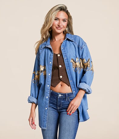 Wrangler® Horses Oversized Denim Shirt front view