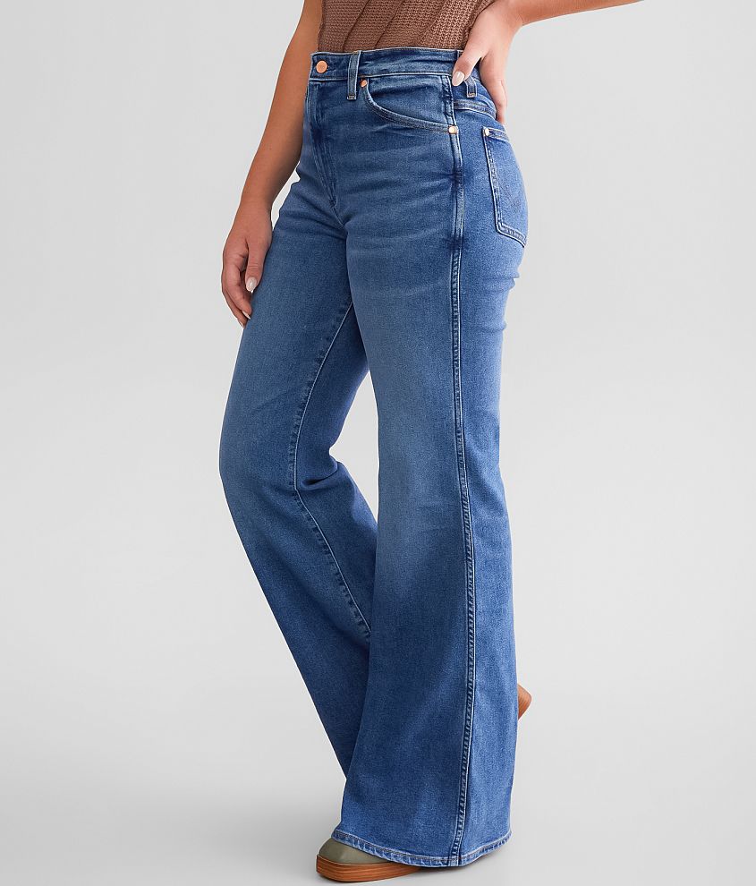 Free People Wrangler Wanderer High Rise Flare Jeans in Blue