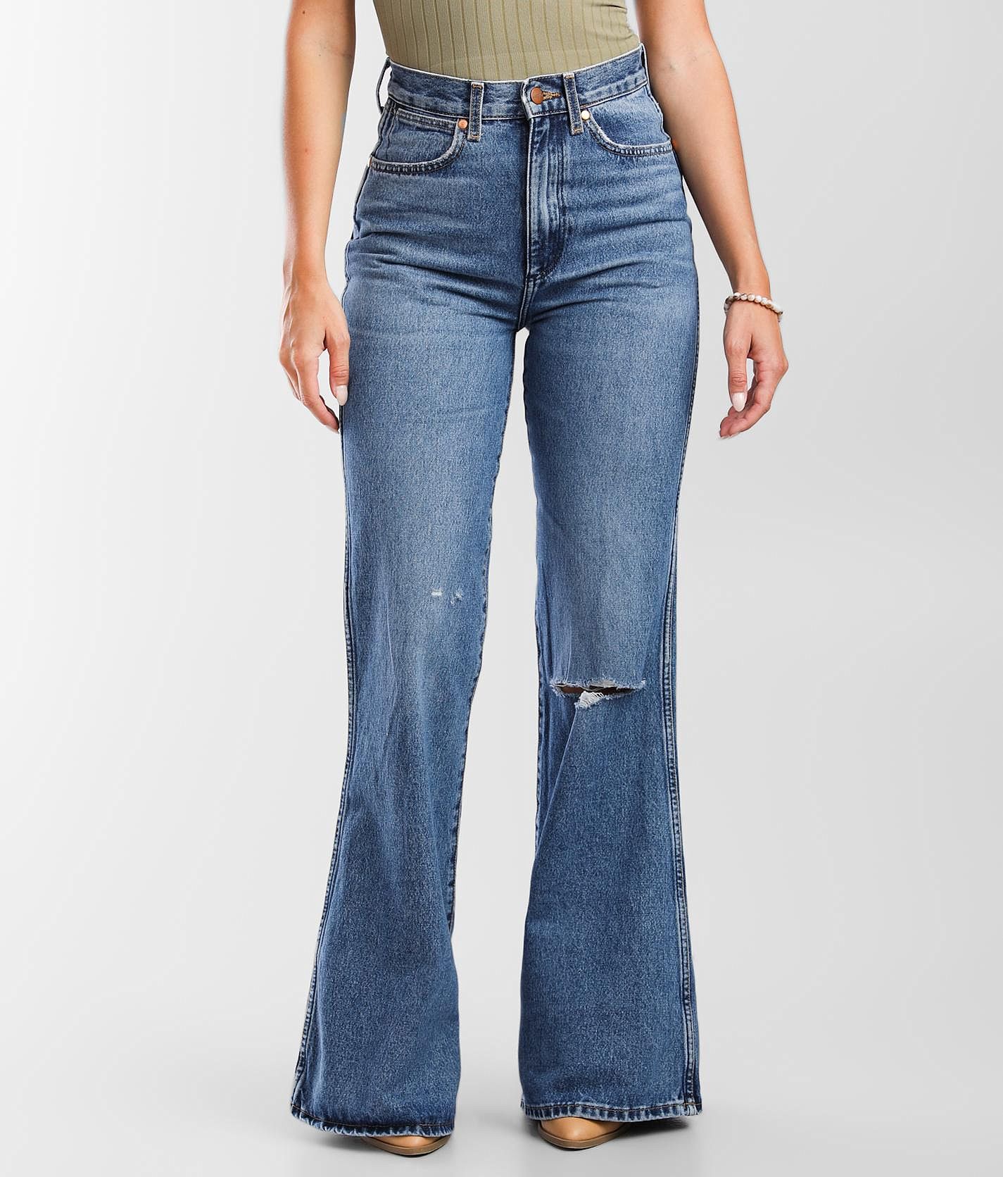 Free People Wrangler Wanderer High Rise Flare Jeans in Blue