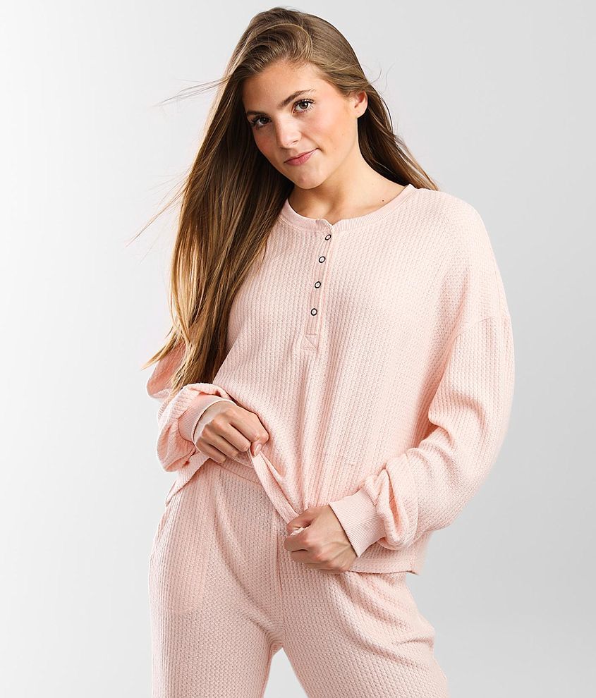 Women's Soft Ribbed Waffle Rib Knit Henley Pajamas Lounge Set, Lounge  Sleeve Top And Pants With Pockets, Drawstring : Target