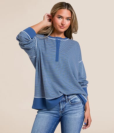 White Crow Pia Striped Henley Pullover front view
