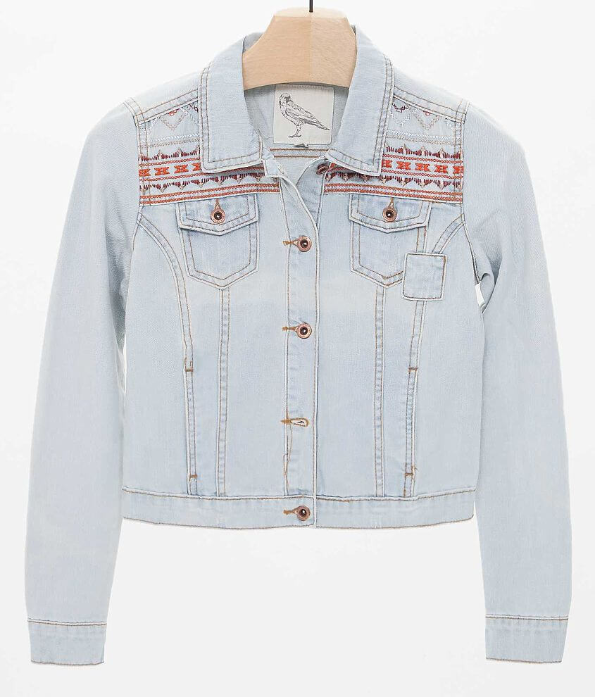 White Crow Embroidered Denim Jacket front view